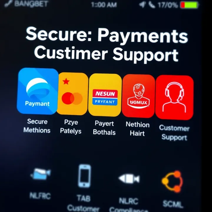 Secure payment methods and customer support icons representing safety and assistance within the Bangbet Shop Booking App
