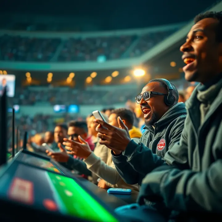 Nigerian football fans engaging with BangBet betting platform showing excitement during a match