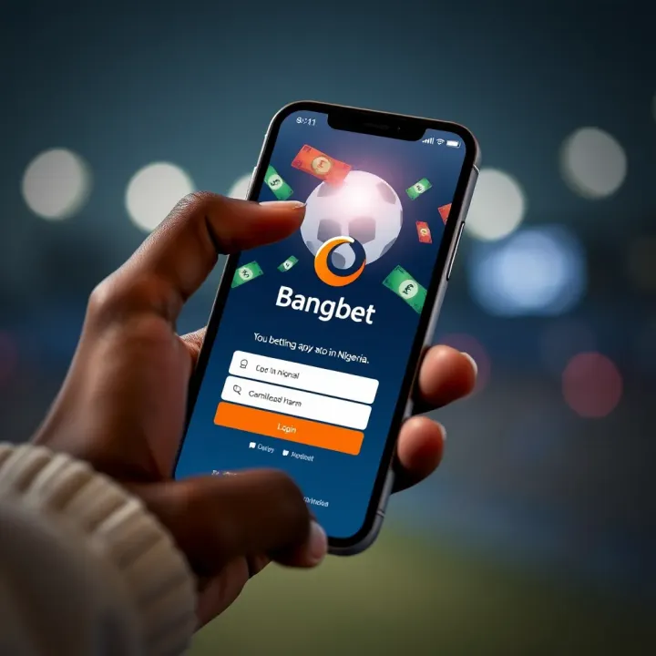 User interacting with the Bangbet app login screen on a smartphone displaying Nigerian currency icons