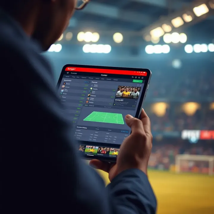 Graphic showing a bettor analyzing multiple sports betting tips from Bangbet on a digital device