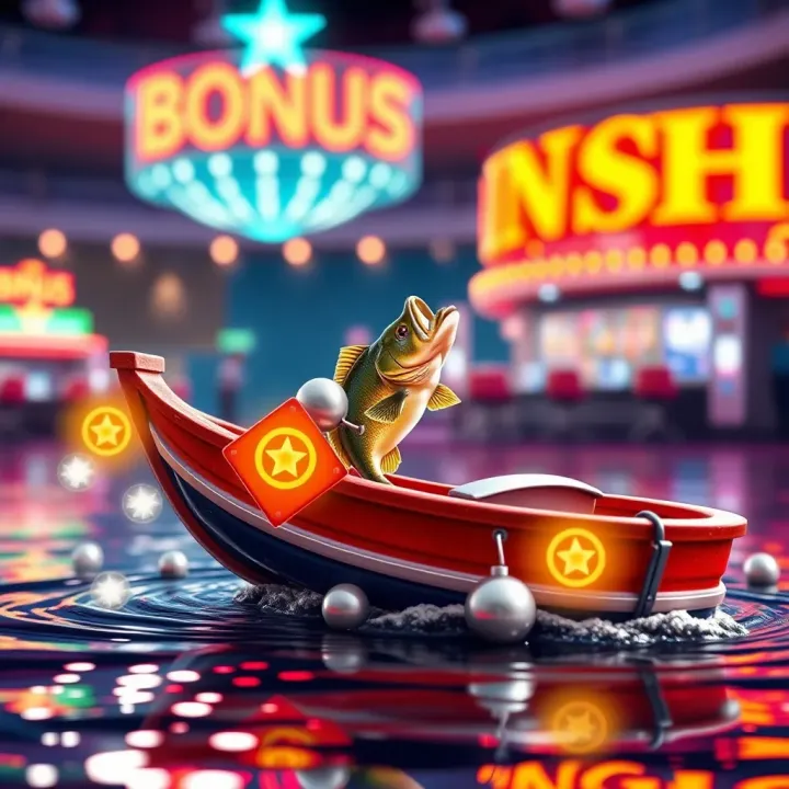 Bright animated fishing boat with bonus symbols highlighting special features in the game