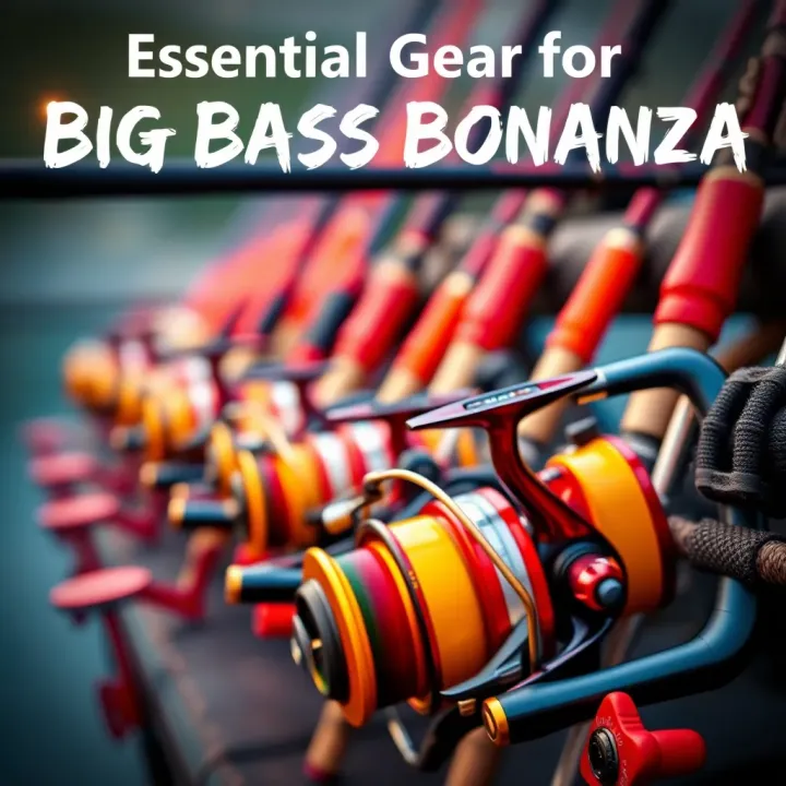 Colorful fishing rods and reels ready for a big catch in an online fishing game