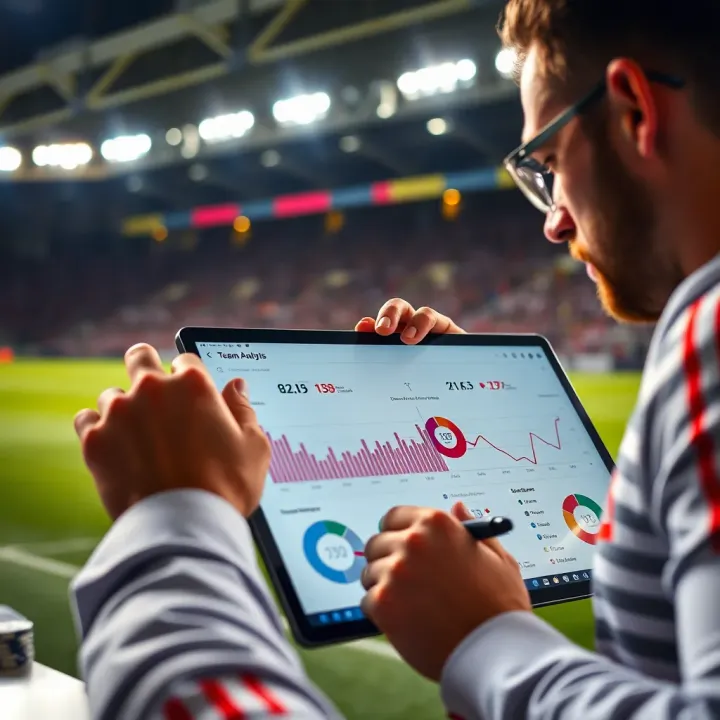 Analyzing football match statistics and team performance charts on a digital tablet