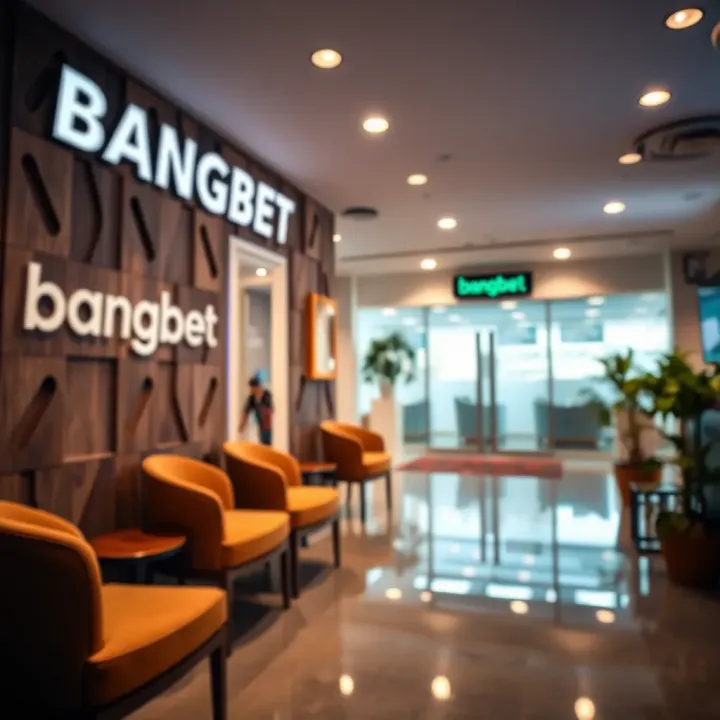 Corporate office reception area with seating and Bangbet signage