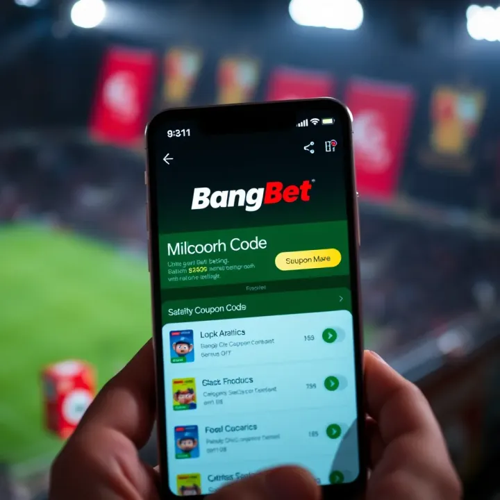 Illustration of a mobile phone screen displaying a BangBet coupon code and betting options