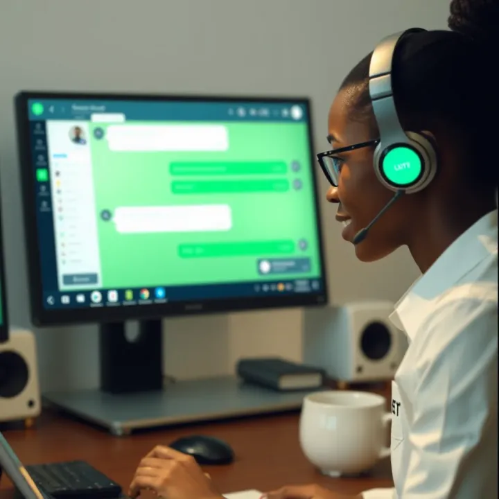 Customer support agent assisting with live chat on computer