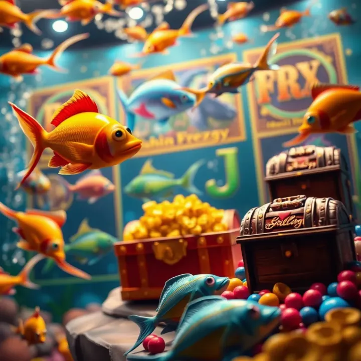Colorful underwater scene with slot game symbols like fish and treasure chests illustrating Fishin Frenzy gameplay