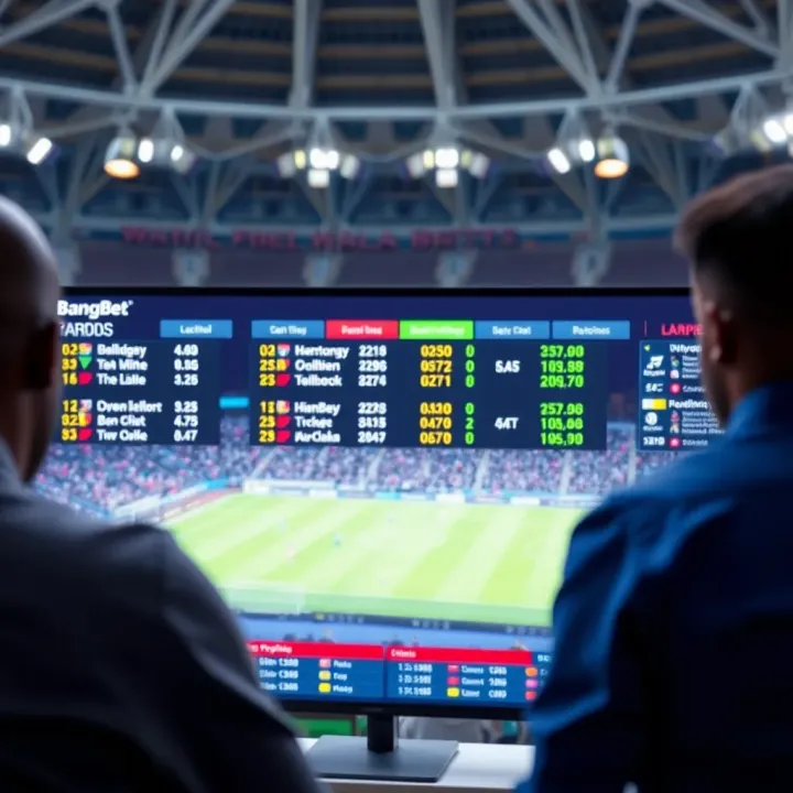 Live football match with dynamic betting odds displayed on screen