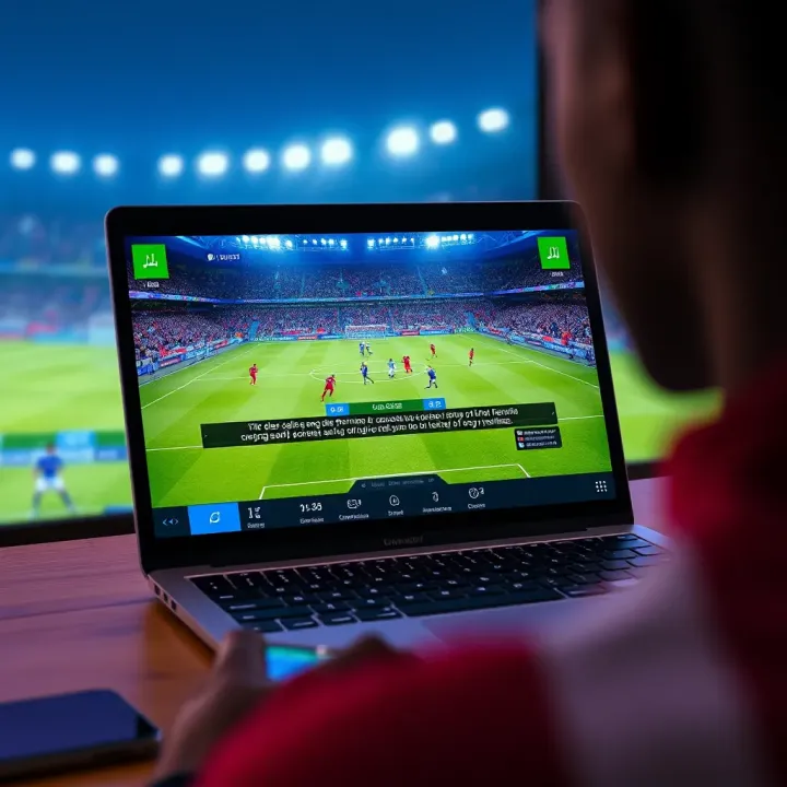 Laptop displaying live Premier League football match on Bangbet platform