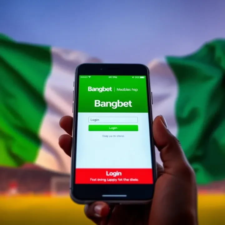 Mobile phone displaying Bangbet app login screen with Nigerian flag colors in background