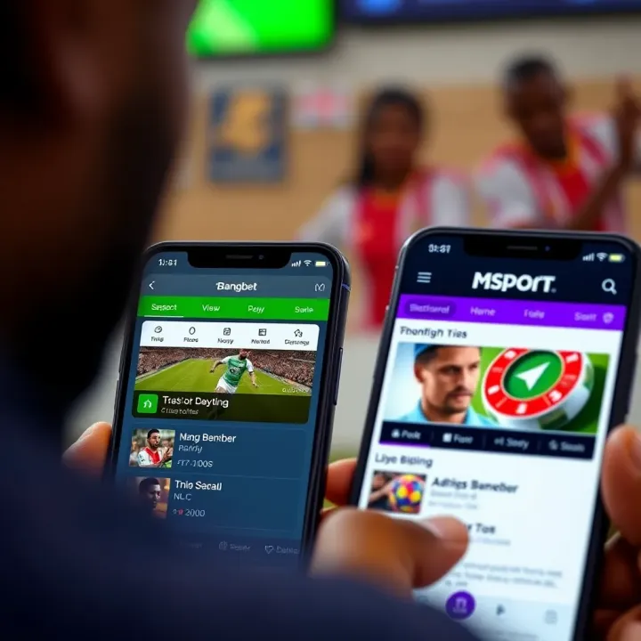User interface comparison of Bangbet and Msport showing betting options on mobile devices
