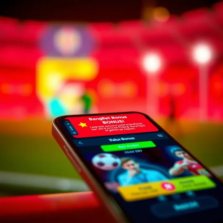 BangBet Bonus Alert on Mobile Device Digital representation of a betting bonus notification on a smartphone screen with vibrant graphics