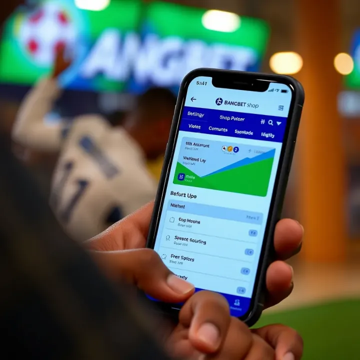 User interface of Bangbet Shop Booking App showing betting options and account features on a smartphone