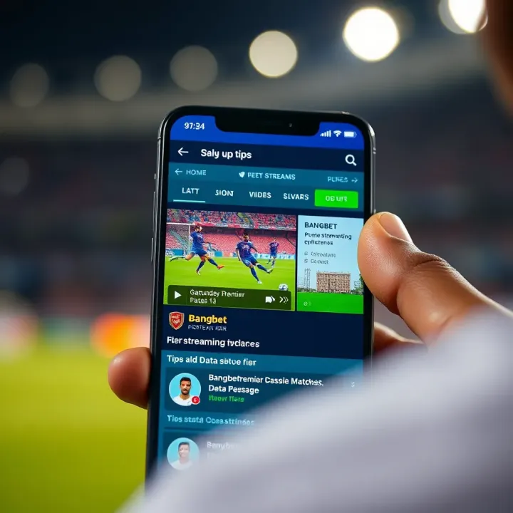 Mobile phone showing Bangbet app with football match streaming and data usage tips