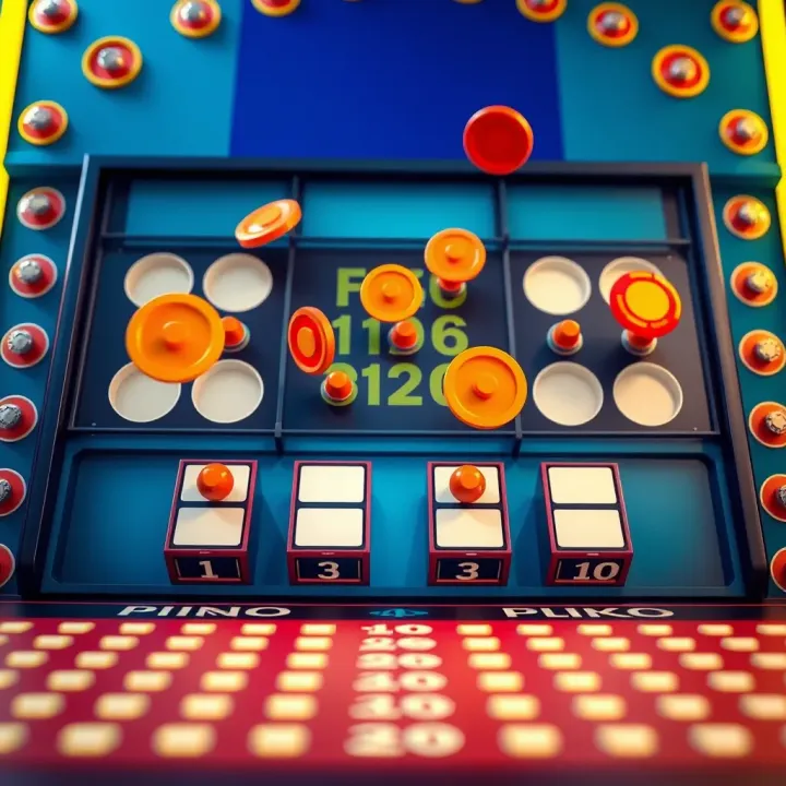 Diagram showing the Plinko board with discs bouncing off pegs towards various prize slots