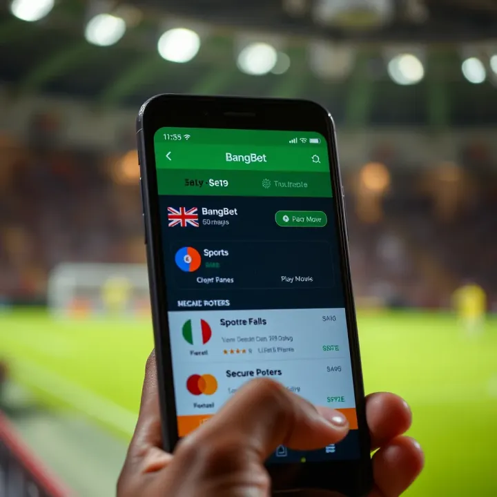 Smartphone showing sports betting options on BangBet app with secure payment icons