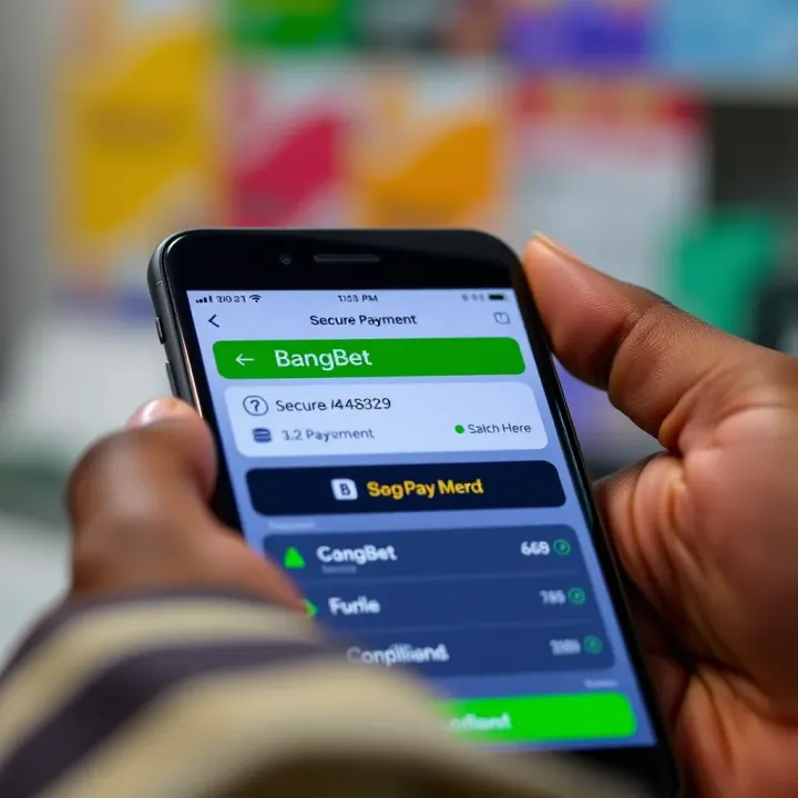 Close-up of a mobile phone displaying BangBet app with secure payment confirmation