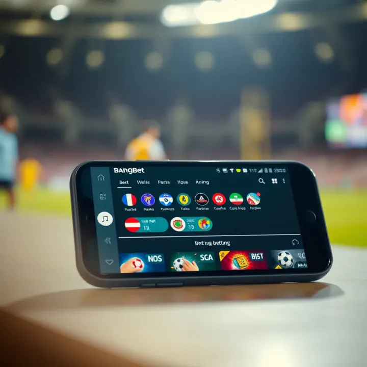 Smartphone displaying the BangBet app interface with betting options and vibrant icons