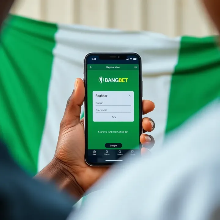 Mobile phone displaying BangBet registration screen with Nigerian flag background