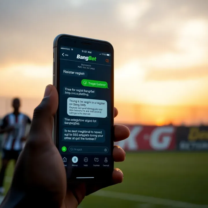 Mobile phone displaying SMS conversation for registering on BangBet platform