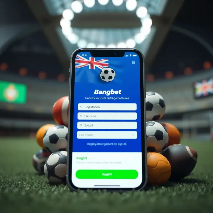 Illustration of a smartphone displaying Bangbet registration form with sports icons around