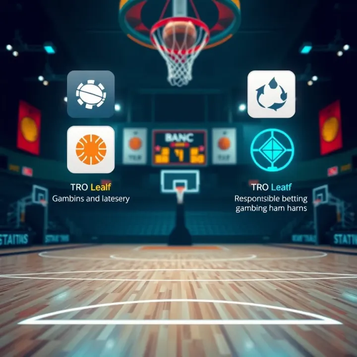 Illustration of a basketball court with promotional icons and responsible betting symbols