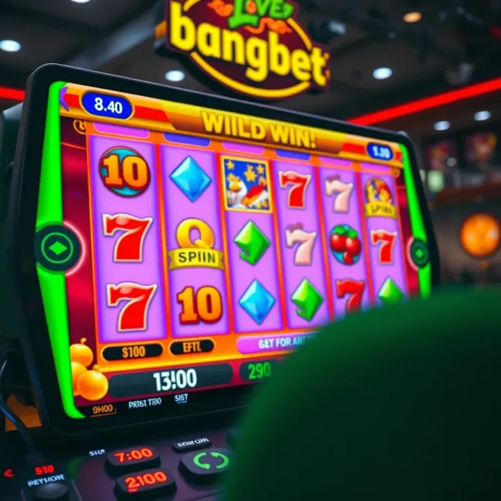 User interface displaying a vibrant slot game with spinning reels and bright symbols