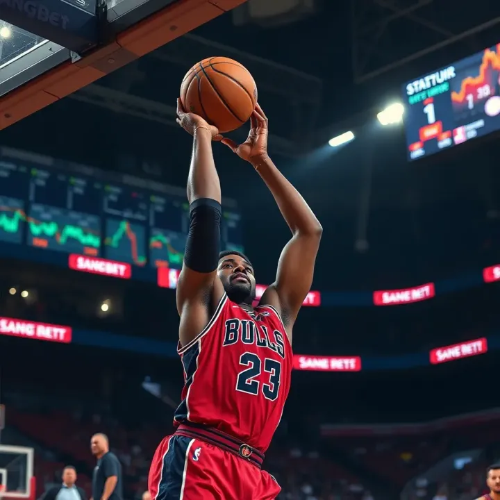 Basketball player shooting during a game with statistical graphics