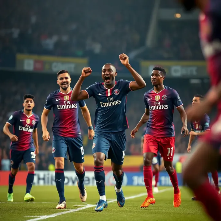 Paris Saint-Germain players celebrating during an intense football match showcasing their dynamic team spirit