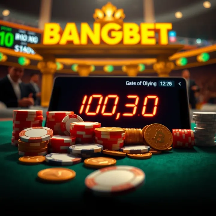 Visual representation of betting chips, coins, and a digital balance symbolizing bankroll management on Bangbet