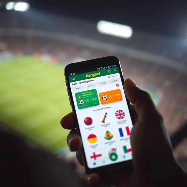 Illustration of a smartphone displaying Bangbet's match booking code prediction interface with football icons