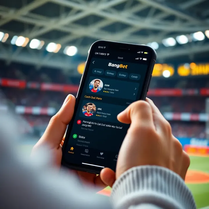 Smartphone screen displaying BangBet cash out option with betting odds and live match details