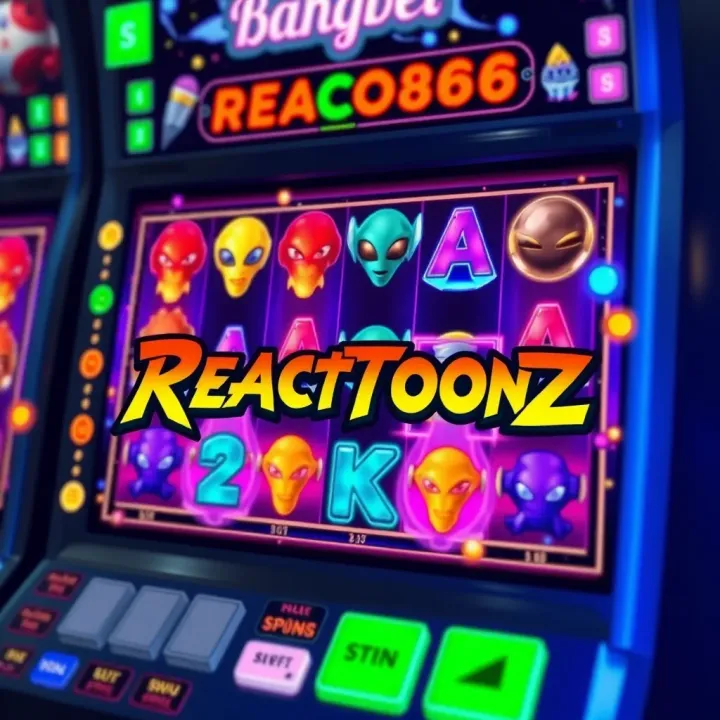 Colorful Reactoonz slot game screen with various alien symbols and vibrant animations